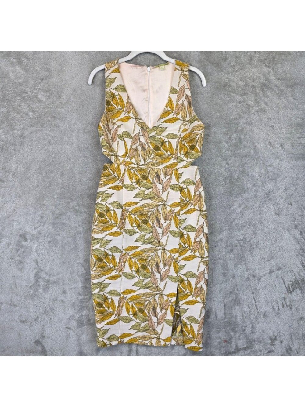 Gianni Bini Dress Womens M Multicolor Leaf Jacquard V Neck Sheath Knee Length